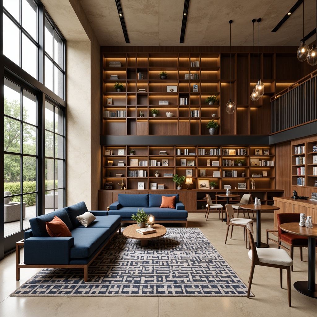 Prompt: Sophisticated bookstore interior, warm beige walls, rich walnut wood shelving, sleek metal accents, comfortable velvet sofas, geometric patterned rugs, modern minimalist chandeliers, floor-to-ceiling windows, natural daylight, calm atmosphere, soft warm lighting, 1/1 composition, realistic textures, ambient occlusion, neutral color palette with pops of deep blue, earthy brown, and creamy white.