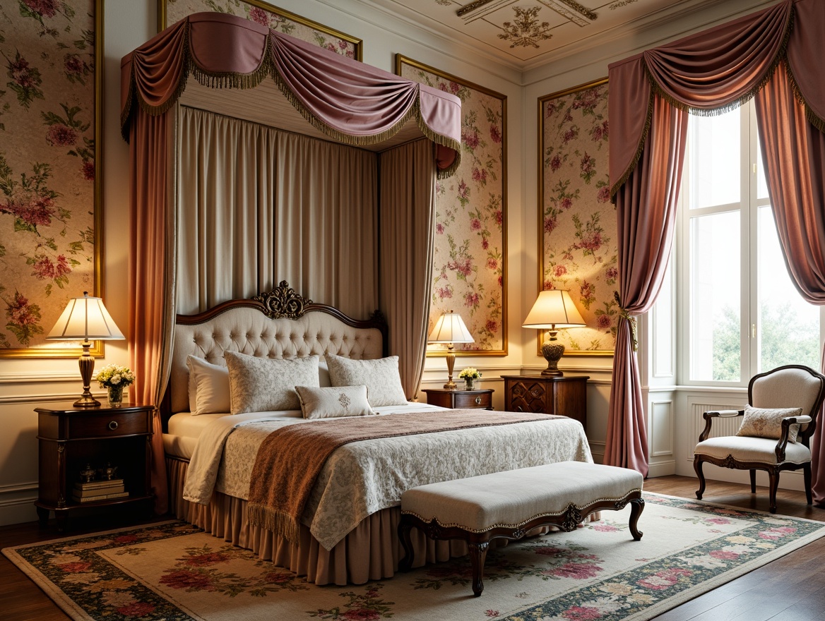 Prompt: Luxurious fabrics, ornate patterns, intricate embroidery, velvet drapes, silk upholstery, golden accents, soft pastel hues, delicate florals, curved lines, opulent textures, rich brocades, lavish tassels, sumptuous satins, Baroque-inspired motifs, whimsical Rococo prints, majestic canopy beds, grandiose furniture, exquisite lace trimmings, dramatic window treatments, warm candlelight, soft focus photography, 1/1 composition.