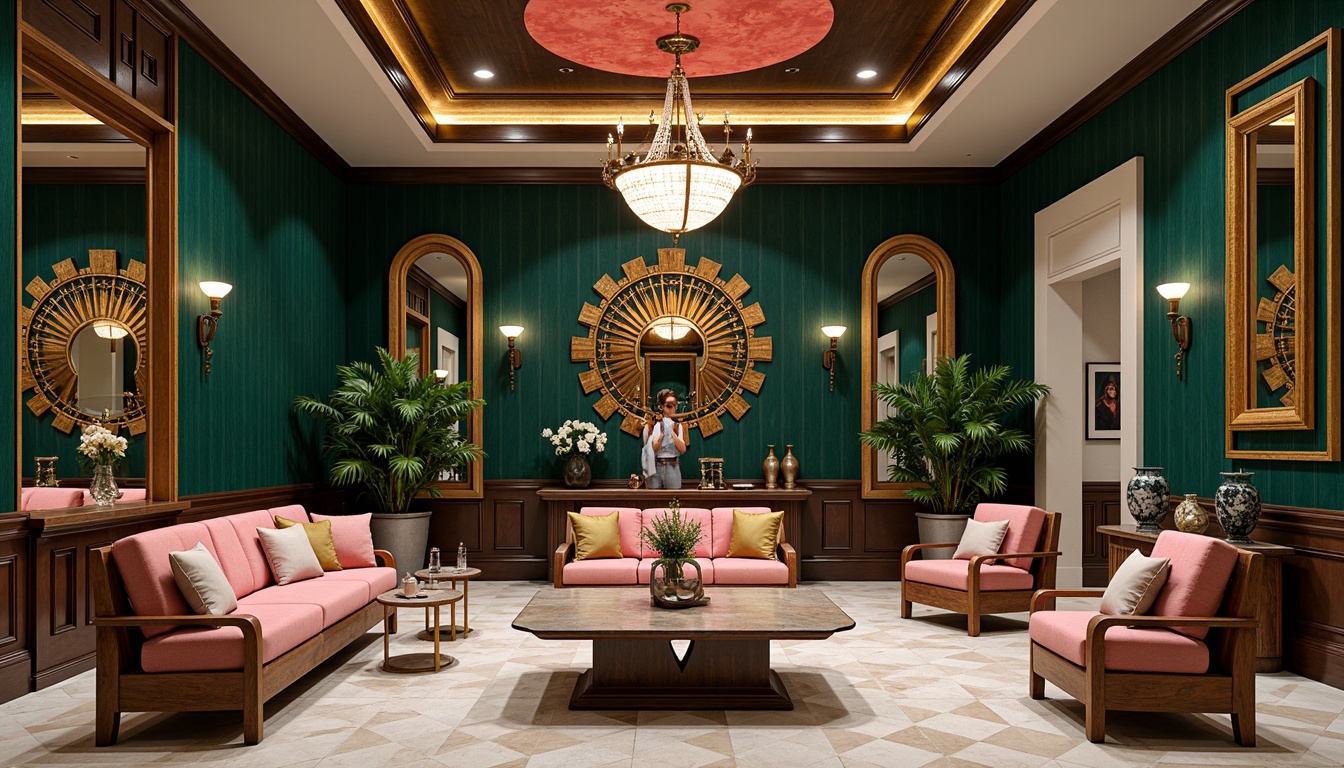 Prompt: Luxurious Art Deco interior, opulent jewel tones, emerald green walls, navy blue accents, metallic gold leafing, rich walnut wood furniture, velvety soft upholstery, geometric patterns, chevron floors, ornate mirrors, crystal chandeliers, sunburst motifs, bold black outlines, vibrant coral pink hues, creamy ivory marble, lavish textures, sophisticated ambiance, high contrast lighting, dramatic shadows, 1/1 composition, ornate details, realistic materials.