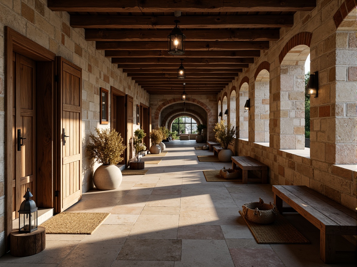 Prompt: Rustic hall, wooden beam ceiling, stone walls, earthy tones, distressed wood planks, reclaimed barn doors, vintage metal lanterns, natural fiber rugs, woven baskets, ceramic vases, rough-hewn wood benches, aged brick archways, warm candlelight, soft shadows, shallow depth of field, 1/2 composition, atmospheric perspective, realistic textures, ambient occlusion.