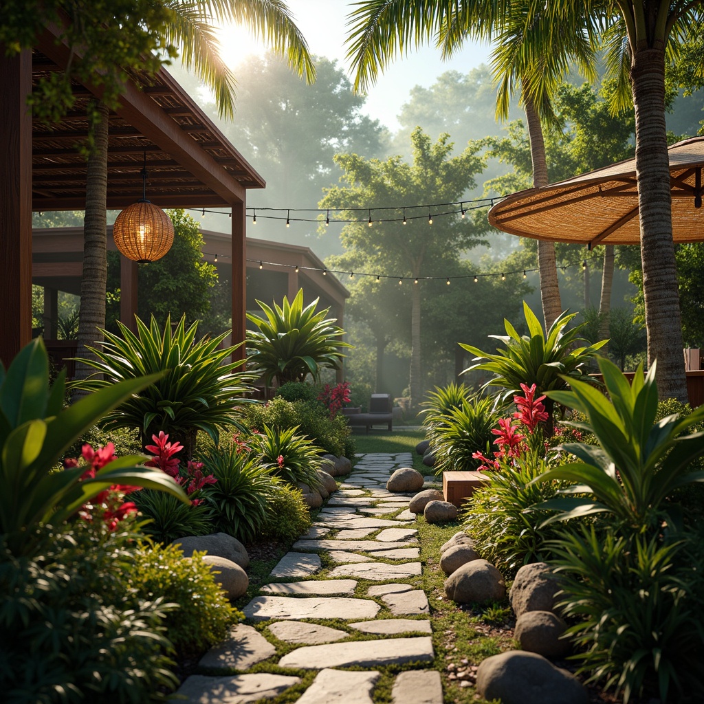 Prompt: Tropical paradise, lush greenery, exotic flowers, warm sunny day, soft gentle lighting, ambient occlusion, subtle shadows, warm color temperature, LED string lights, lantern-style lamps, woven rattan shades, natural wood accents, ocean-inspired colors, calming water features, serene soundscapes, misty atmosphere, 1/2 composition, shallow depth of field, realistic textures.