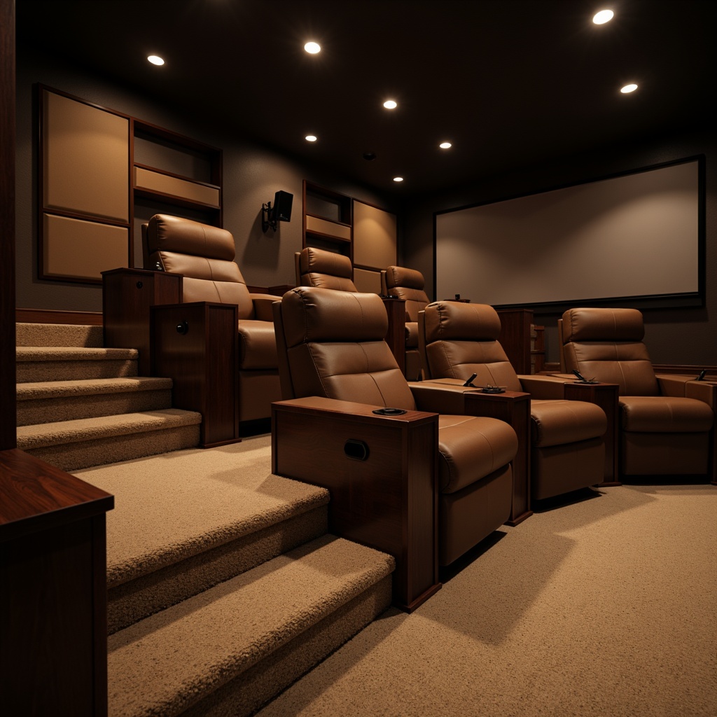 Prompt: Cozy home theater, plush reclining seats, rich brown leather upholstery, wooden armrests, soft cushioning, warm beige carpeting, darkened room ambiance, cinematic screen, surround sound speakers, acoustic panels, intimate seating capacity, tiered levels, ergonomic design, comfortable legroom, adjustable headrests, ambient dimmable lighting, 1/1 composition, shallow depth of field, realistic textures.