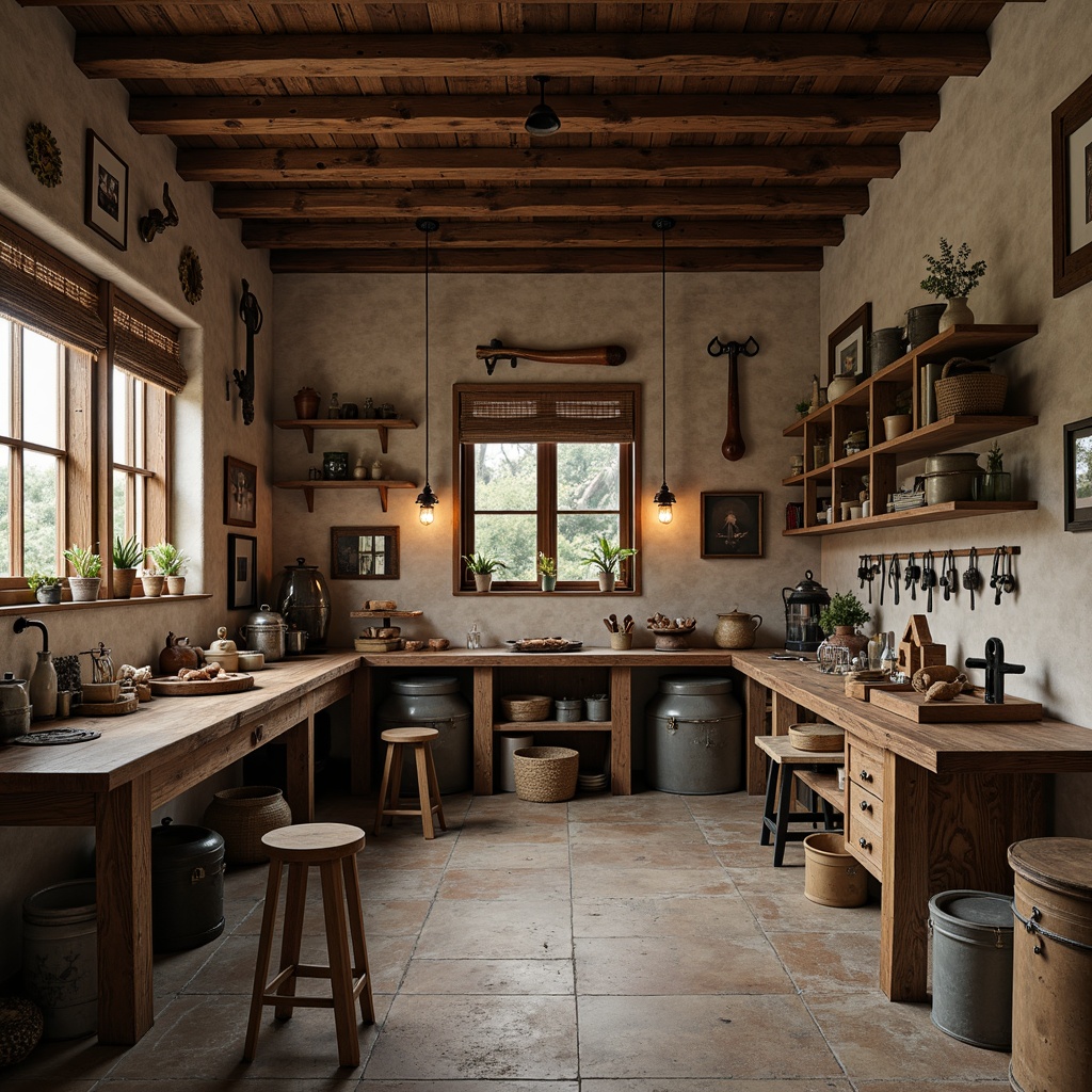 Prompt: Rustic family garage, distressed wooden workbenches, metal vice grips, wooden toolboxes, rustic lanterns, earthy color palette, natural stone flooring, exposed brick walls, wooden ceiling beams, vintage tool decorations, warm soft lighting, shallow depth of field, 2/3 composition, realistic textures, ambient occlusion.