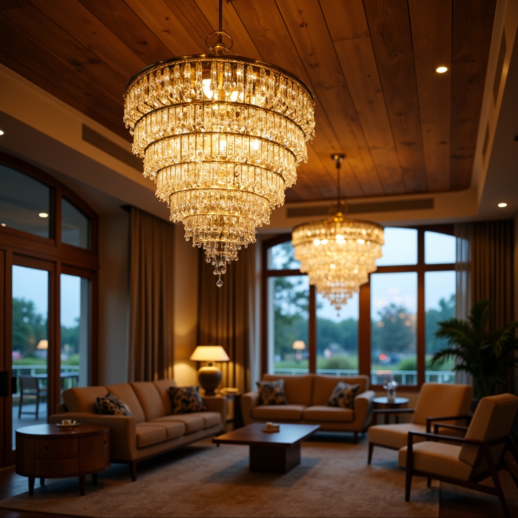 Prompt: Elegant chandelier, crystal droplets, warm golden lighting, luxurious atmosphere, high ceiling, modern interior design, sophisticated decor, refined living room, comfortable seating area, rich wood tones, soft carpet flooring, subtle wall colors, ornate metalwork, delicate glass details, romantic ambiance, cozy evening setting, relaxed mood, shallow depth of field, 1/2 composition, warm color palette.