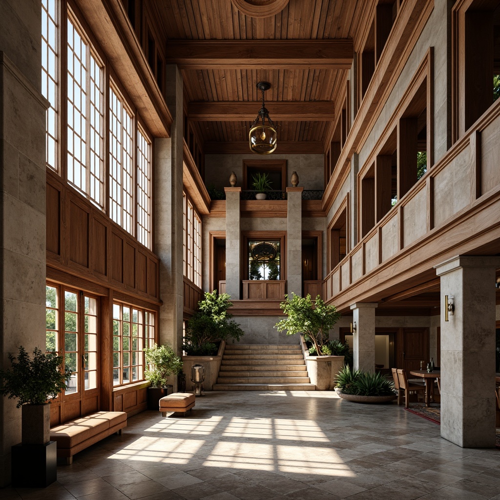 Prompt: Grandiose courthouse facade, eclectic architectural style, mix of modern and historical elements, ornate stone carvings, grand staircases, high ceilings, wooden paneling, intricate moldings, bronze door handles, stained glass windows, marble floors, rich wood tones, subtle color palette, dramatic lighting effects, warm afternoon sunlight, shallow depth of field, 2/3 composition, realistic textures, ambient occlusion.