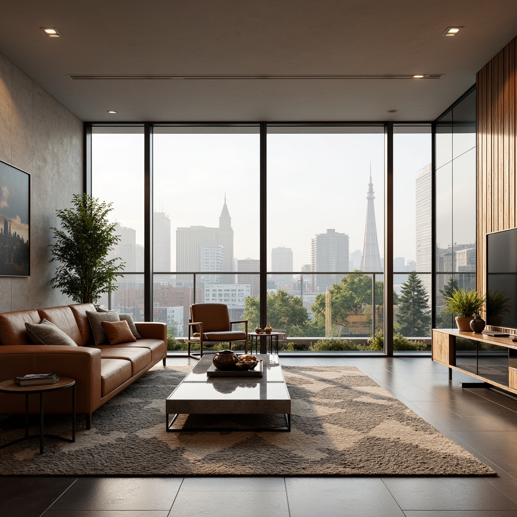 Prompt: Modern apartment interior, sleek lines, minimalist decor, low-profile furniture, premium leather sofas, polished metal legs, glass coffee tables, geometric-patterned rugs, floor-to-ceiling windows, cityscape views, soft warm lighting, 1/2 composition, shallow depth of field, realistic textures, ambient occlusion, Scandinavian-inspired wooden accents, industrial-chic metal decorations, vibrant greenery, potted plants, natural stone flooring, luxurious fabrics, rich wood tones.