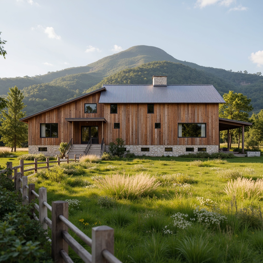 Prompt: Rustic farmhouse, weathered wood cladding, vertical board and batten design, earthy brown color palette, natural stone foundations, metal roof accents, modern country charm, rural landscape, rolling hills, green pastures, wooden fence lines, wildflower fields, sunny afternoon, soft warm lighting, shallow depth of field, 2/3 composition, realistic textures, ambient occlusion.