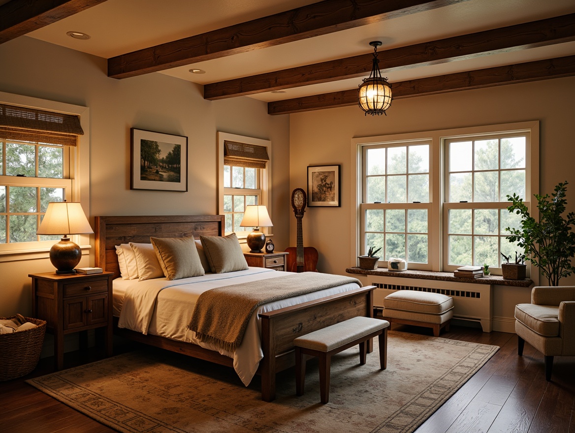 Prompt: Cozy craftsman bedroom, warm wooden accents, rustic furniture, soft warm lighting, table lamps with linen shades, floor lamps with bronze finishes, wrought iron chandeliers, pendant lights with seeded glass, vintage metal fixtures, earthy color palette, natural textiles, woven baskets, distressed wood flooring, plush area rugs, comfortable reading nooks, tranquil atmosphere, warm beige walls, creamy white trim, soft focus, shallow depth of field, 1/2 composition, realistic textures, ambient occlusion.