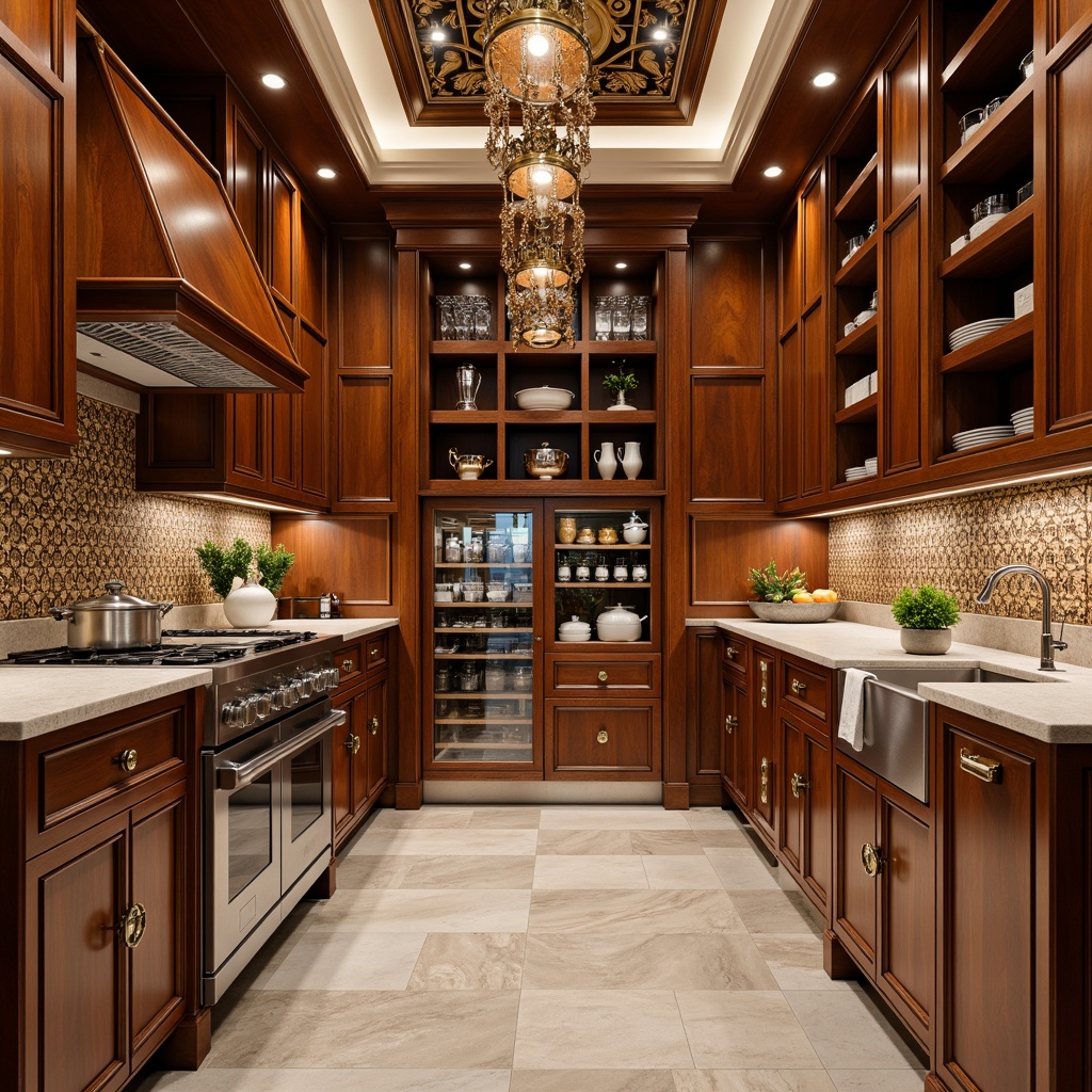 Prompt: Luxurious pantry, rich wood tones, ornate metalwork, geometric patterns, bold color schemes, opulent cabinetry, Deco-inspired hardware, lavish countertops, intricate moldings, glamorous pendant lighting, high-gloss finishes, metallic accents, vintage appliances, bespoke storage solutions, symmetrical compositions, shallow depth of field, 1/1 composition, warm softbox lighting, realistic textures, ambient occlusion.