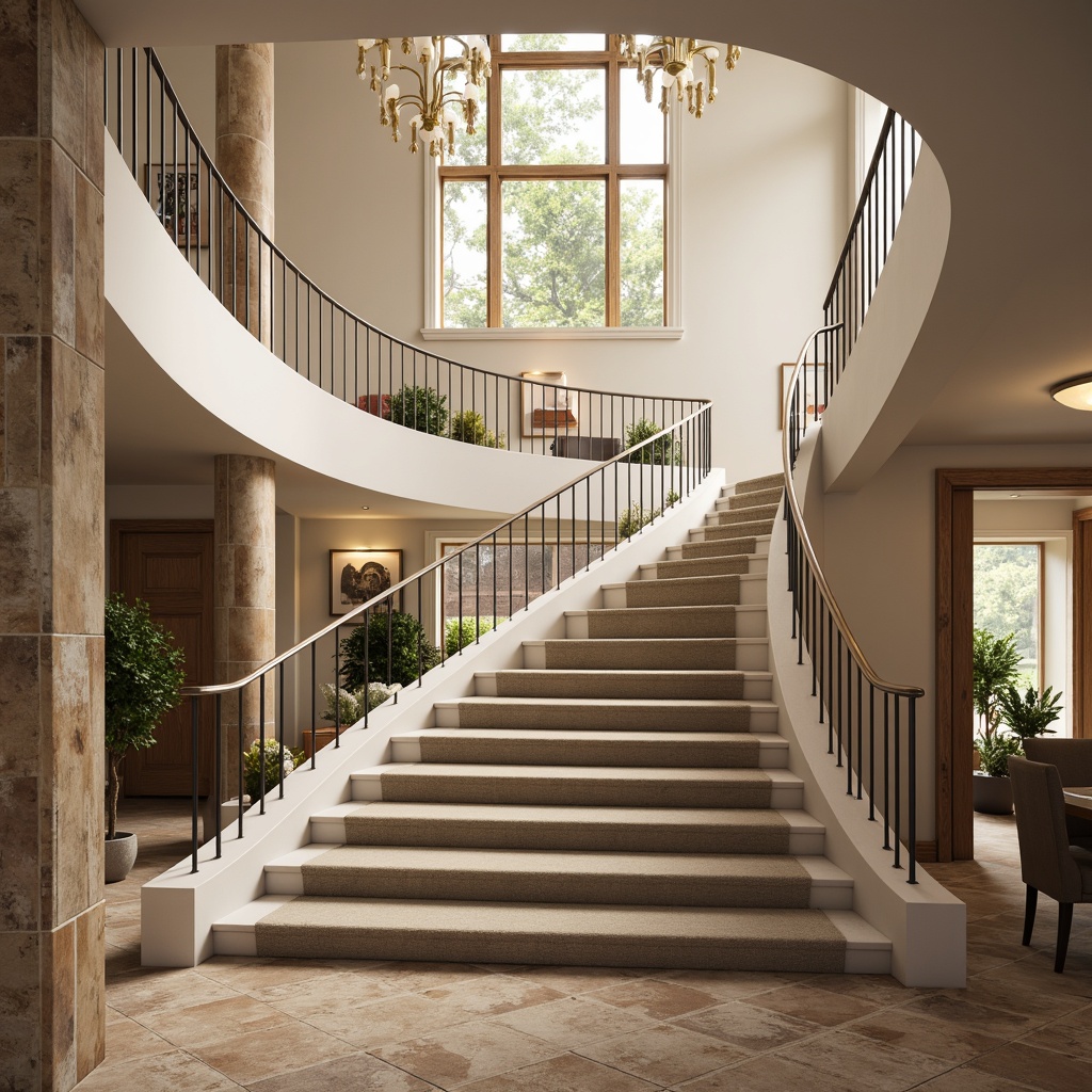 Prompt: Elegant staircase, luxurious wood tones, creamy whites, soft grays, warm beige accents, subtle metallic hints, ornate iron railings, flowing curves, grandiose chandeliers, majestic high ceilings, rich carpeting, velvety smooth textures, natural stone walls, soft warm lighting, atmospheric shadows, 1/2 composition, symmetrical balance, harmonious color harmony, realistic reflections, ambient occlusion.