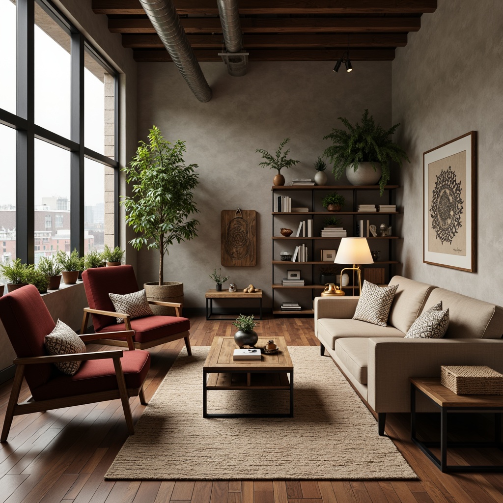 Prompt: Cozy living room, comfortable sofas, rustic wooden coffee tables, soft velvet armchairs, vintage metal lamps, natural fiber rugs, earthy tone walls, modern minimalist decor, floor-to-ceiling windows, urban loft atmosphere, industrial chic accents, reclaimed wood shelves, geometric patterned throw pillows, warm task lighting, 1/1 composition, shallow depth of field.