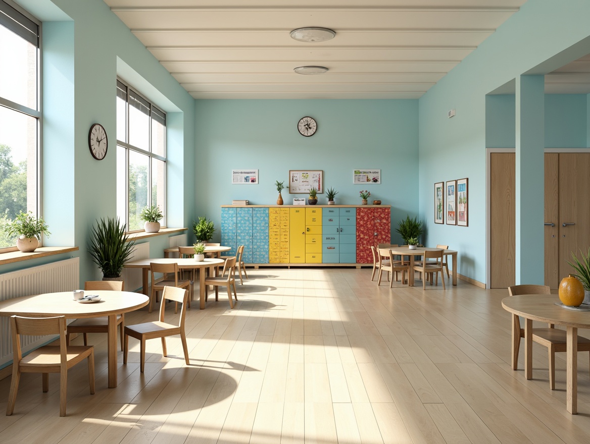 Prompt: Soft baby blue walls, creamy white trim, warm beige floors, natural wood accents, playful polka dot patterns, educational posters, colorful lockers, modern minimalist furniture, circular tables, ergonomic chairs, green plants, floor-to-ceiling windows, abundant natural light, softbox lighting, 1/2 composition, harmonious color scheme, calming atmosphere.