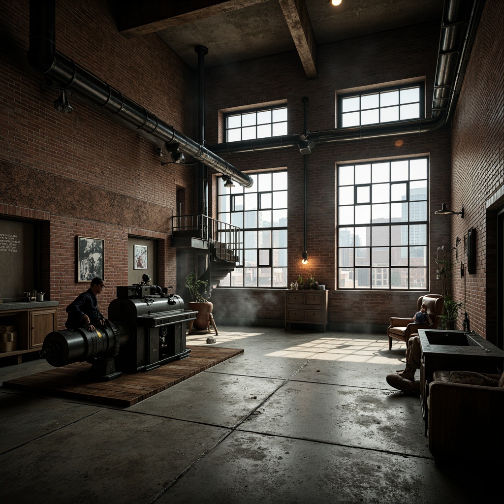 Prompt: Rustic factory setting, exposed brick walls, metal beams, industrial pipes, reclaimed wood accents, vintage machinery, distressed concrete floors, urban skyline views, gritty textured surfaces, dramatic overhead lighting, atmospheric mist effects, 3/4 composition, cinematic framing, moody color palette, realistic metallic reflections.