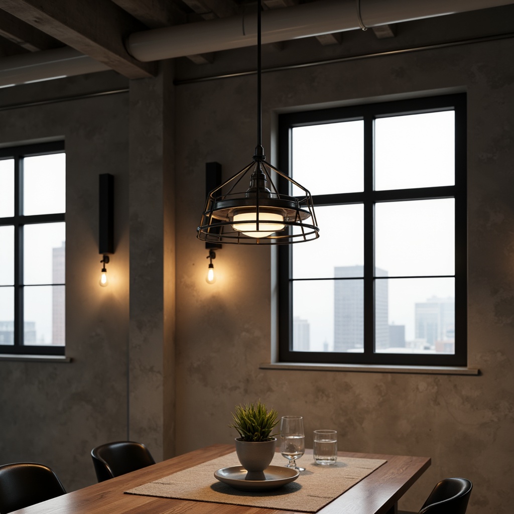 Prompt: Industrial-style metal pendant lamps, geometric-shaped sconces, minimalist table lamps, functional task lighting, exposed bulb fixtures, sleek chrome finishes, matte black accents, brutalist concrete ceilings, rectangular windows, urban loft atmosphere, natural daylight, soft warm glow, high contrast ratios, dramatic shadows, 1/1 composition, realistic renderings.