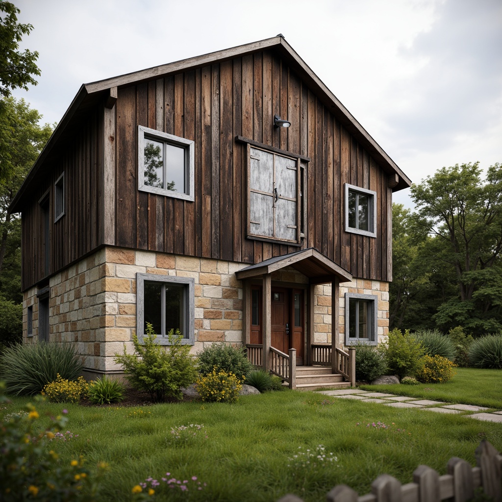 Prompt: Rustic farmhouse, weathered wood cladding, galvanized metal accents, vintage windows, reclaimed barn doors, natural stone foundation, lush greenery, wildflowers, meandering pathways, wooden fences, rural landscape, overcast sky, soft warm lighting, shallow depth of field, 3/4 composition, panoramic view, realistic textures, ambient occlusion.