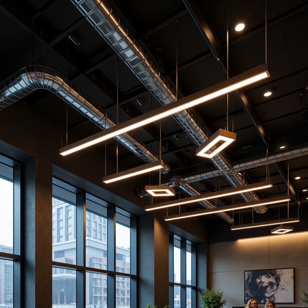 Prompt: Modern minimalist interior, sleek LED light strips, suspended ceiling fixtures, polished chrome accents, geometric pendant lights, recessed lighting, floor-to-ceiling windows, urban loft atmosphere, exposed ductwork, industrial-chic decor, matte black finishes, warm ambient glow, soft box lighting, 1/1 composition, realistic reflections, subtle shading.