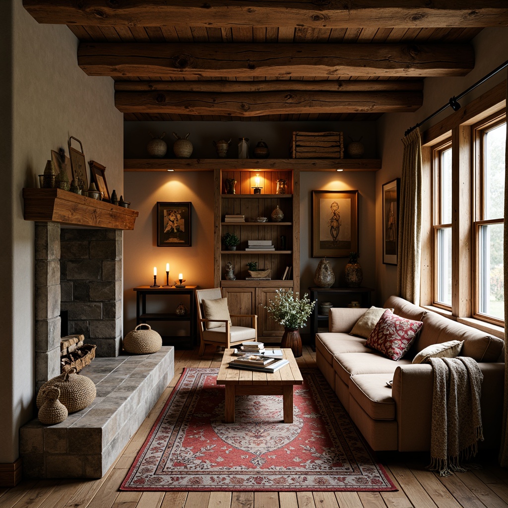 Prompt: Rustic wooden accents, earthy tones, natural fabrics, woven baskets, vintage rugs, distressed leather, traditional patterns, warm candlelight, cozy atmosphere, comfortable seating, plush throw blankets, rich wood grains, classic furniture pieces, ornate metalwork, soft warm lighting, shallow depth of field, 3/4 composition, realistic textures, ambient occlusion.