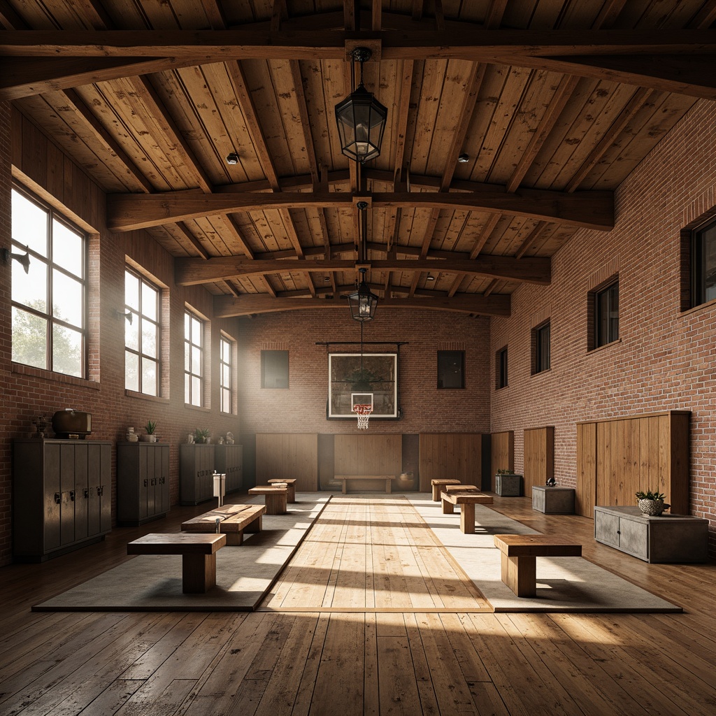 Prompt: Rustic gymnasium interior, wooden beam ceiling, exposed brick walls, industrial metal trusses, distressed wood flooring, vintage athletic equipment, worn leather benches, metal lockers, warm cozy lighting, softbox lights, suspended lanterns, rustic metal chandeliers, natural stone accents, earthy color palette, warm beige tones, atmospheric fog effects, shallow depth of field, 1/2 composition, realistic textures, ambient occlusion.