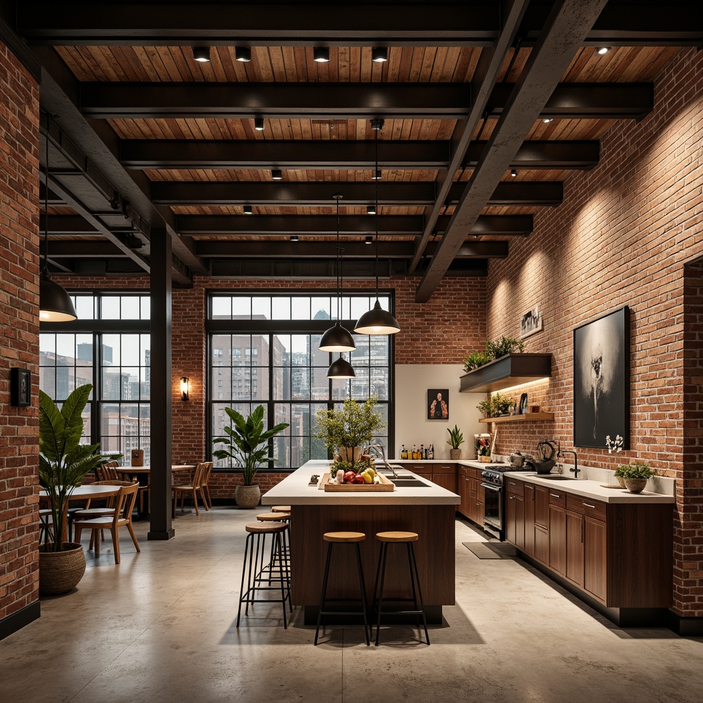 Prompt: Exposed brick accent walls, reclaimed wood textures, industrial metal beams, modern minimalist lighting, urban loft-inspired interiors, eclectic vintage decor, distressed concrete floors, earthy tone color palette, natural stone countertops, open shelving units, rustic wooden crates, metallic accents, edgy contemporary artwork, moody atmospheric lighting, high ceilings, airy open spaces, dynamic 3/4 composition, warm soft focus, shallow depth of field.