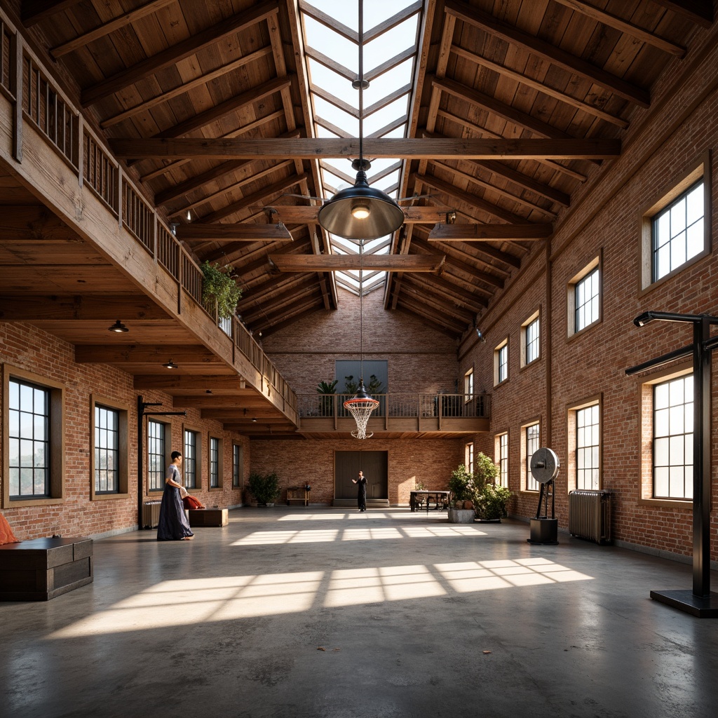 Prompt: Rustic gymnasium interior, wooden beam ceilings, exposed brick walls, polished concrete floors, vintage athletic equipment, distressed wood accents, earthy color palette, warm cozy lighting, suspended metal lanterns, industrial-style pendant lights, clerestory windows, natural daylight, soft diffused light, 1/2 composition, atmospheric perspective, realistic textures, subtle ambient occlusion.