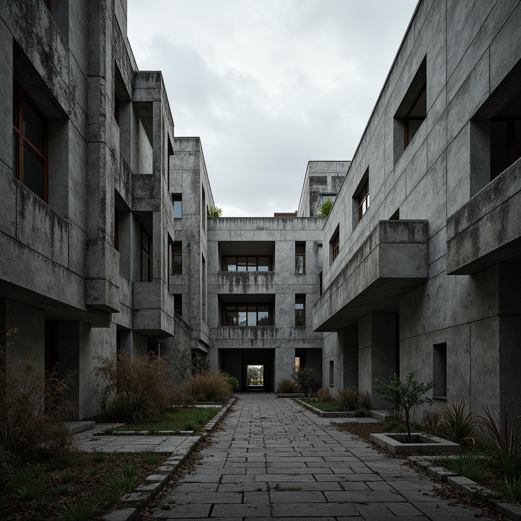 Prompt: Rugged brutalist building, textured walls, rough concrete surfaces, angular forms, fortress-like architecture, dramatic shadows, industrial aesthetic, raw unfinished materials, urban landscape, gloomy cloudy day, high contrast lighting, shallow depth of field, 2/3 composition, realistic textures, ambient occlusion.