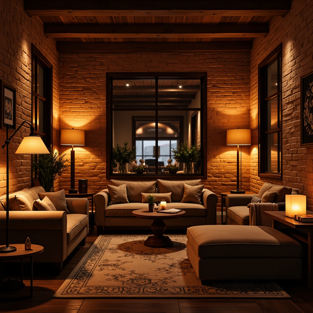 Prompt: Warm ambient glow, soft warm lighting, cozy reading nooks, plush furniture, velvet textures, rich wood tones, rustic brick walls, earthy color palette, candlelight flicker, dimmable LED lights, table lamps, floor lamps, pendant lights, minimalist metal fixtures, natural linen shades, frosted glass diffusers, gentle spotlighting, layered lighting effects, inviting atmosphere, comfortable seating areas, relaxing ambiance.