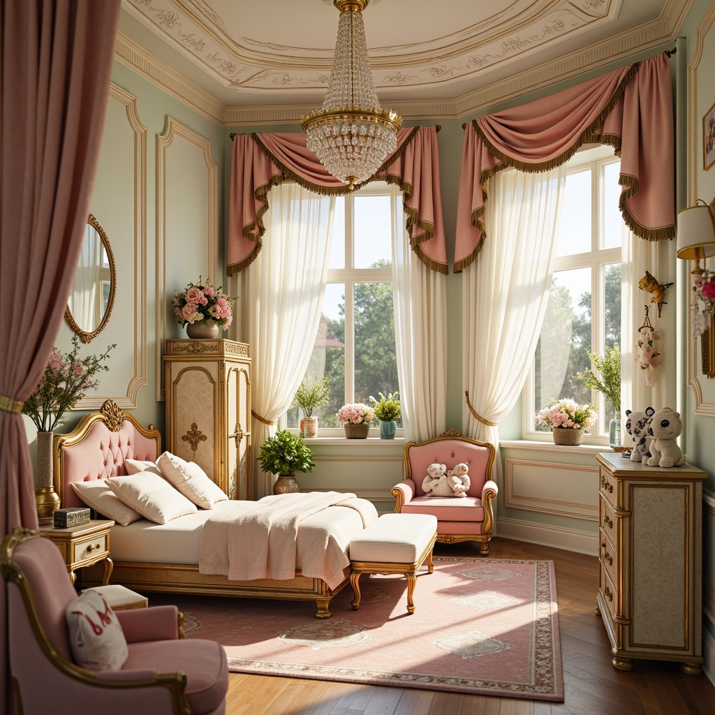 Prompt: Whimsical kid's room, ornate Rococo furniture, curved lines, golden accents, plush toys, soft pastel colors, delicate florals, velvet fabrics, intricately carved wooden details, lavish drapery, crystal chandeliers, playful stuffed animals, antique-inspired dressers, tufted ottomans, dainty porcelain vases, ornamental mirrors, sunlit afternoon, warm golden lighting, shallow depth of field, 1/1 composition, vibrant textures, subtle ambient occlusion.