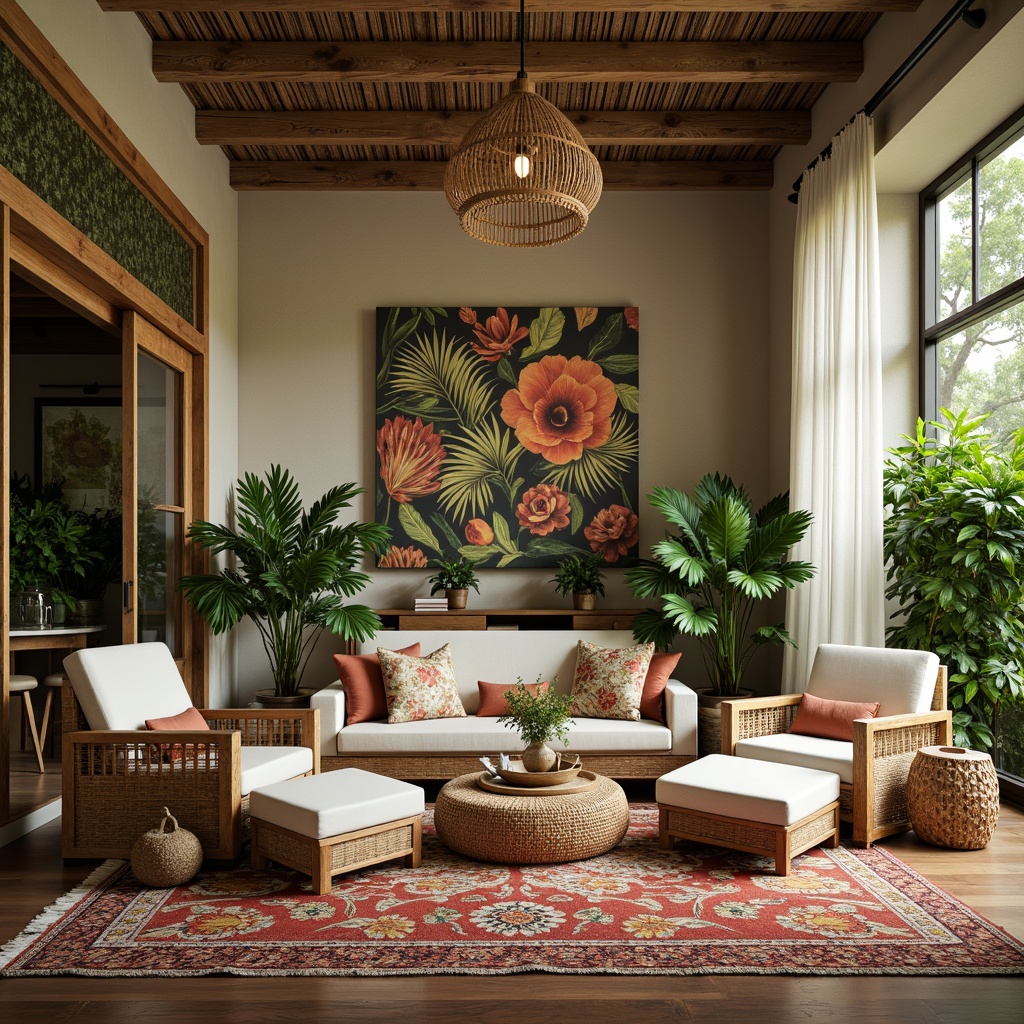 Prompt: Lush greenery, exotic flowers, natural materials, woven rattan furniture, reclaimed wood accents, vibrant colorful textiles, intricate geometric patterns, tropical leaf-inspired motifs, earthy tones, warm beige walls, creamy whites, rich wooden floors, plush area rugs, soft diffused lighting, ambient shadows, 1/1 composition, shallow depth of field, realistic reflections.