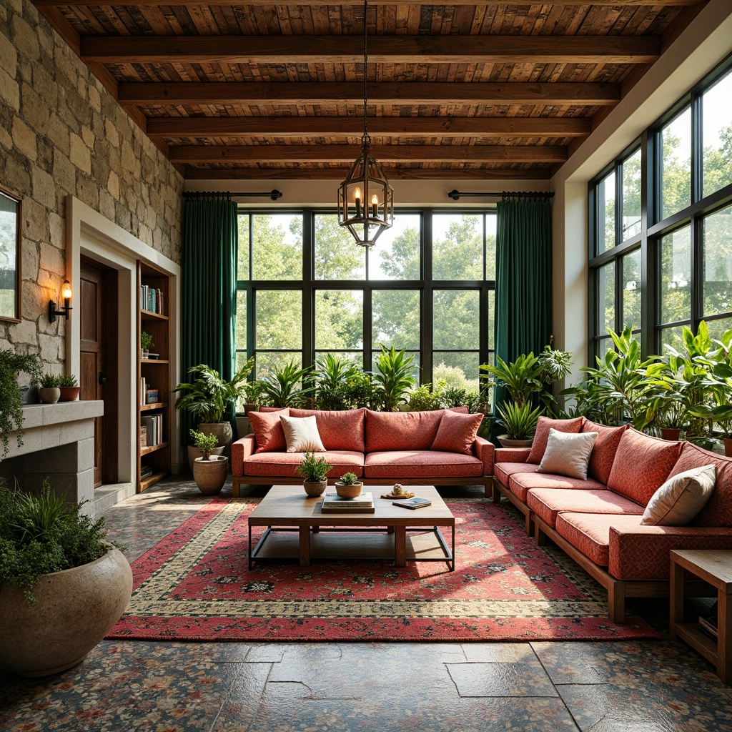 Prompt: Vibrant sunroom, eclectic decorative accents, playful color palette, whimsical patterns, ornate furnishings, lush greenery, natural textures, reclaimed wood beams, vintage metal lanterns, distressed finishes, plush throw pillows, Moroccan-inspired tiles, rustic stone walls, cozy reading nooks, soft warm lighting, shallow depth of field, 3/4 composition, panoramic view, realistic textures, ambient occlusion.