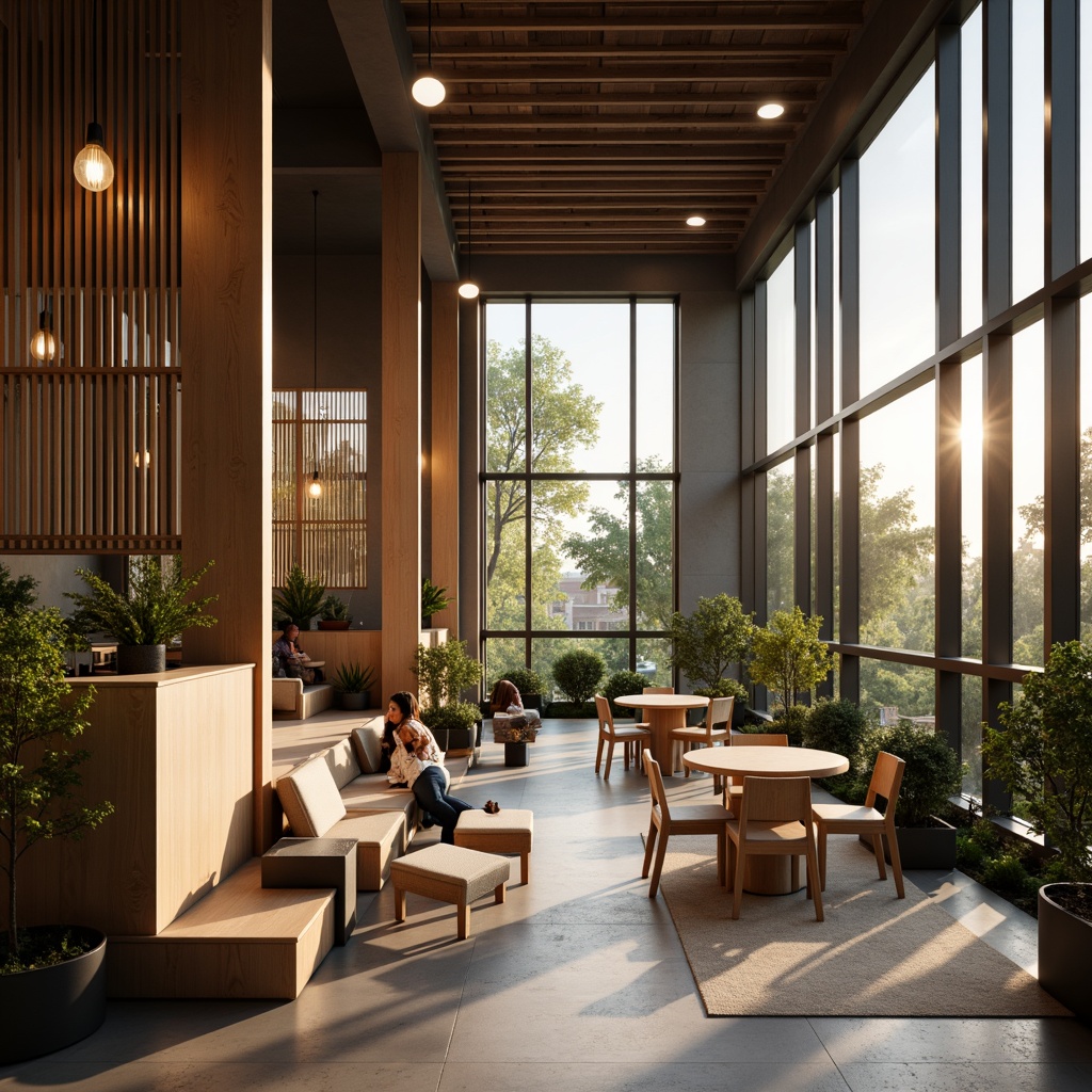 Prompt: Contemporary community space, soft warm glow, cozy ambiance, pendant lamps, recessed lighting, natural textures, wooden accents, minimalist decor, calm atmosphere, floor-to-ceiling windows, diffused sunlight, subtle shadows, layered lighting, 1/2 composition, realistic rendering, ambient occlusion.