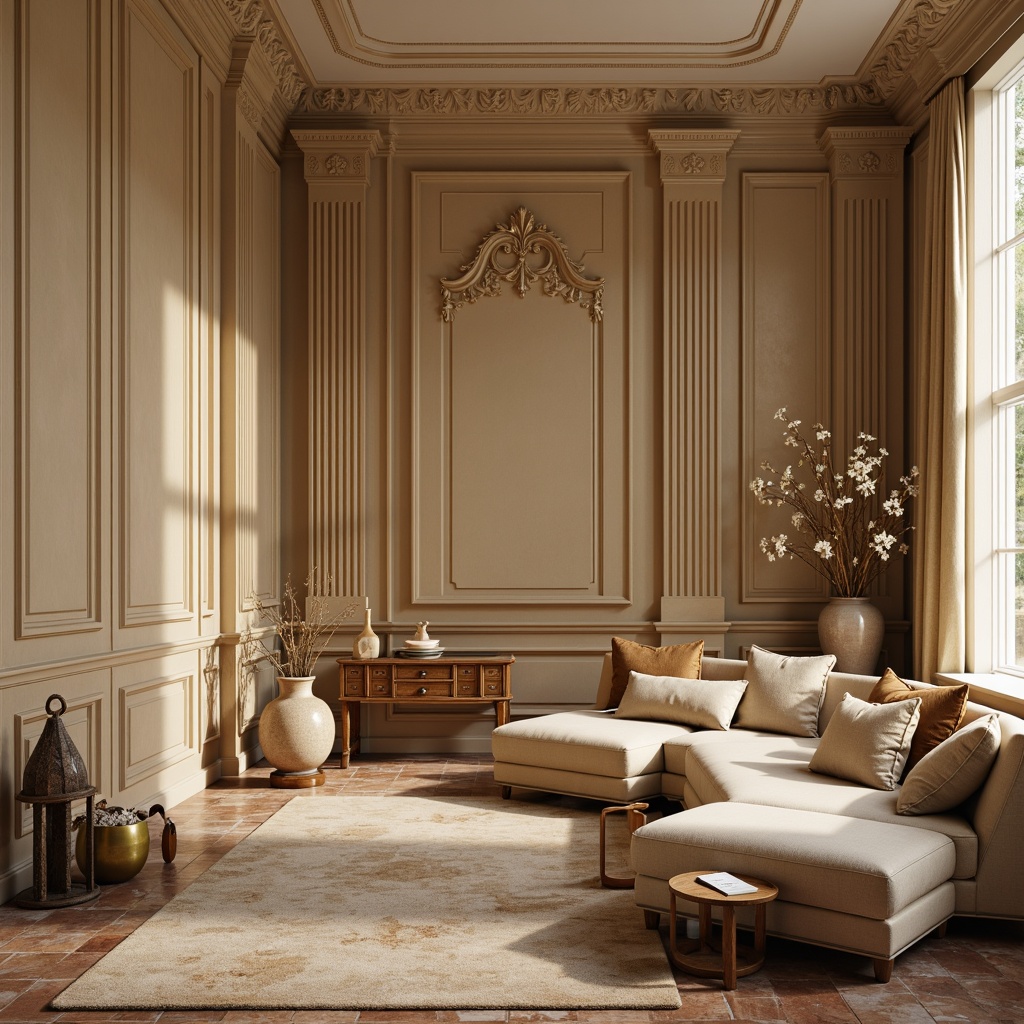 Prompt: Warm beige walls, soft cream accents, rich walnut wood tones, subtle golden metallic highlights, plush velvet fabrics, natural stone flooring, elegant ornate moldings, refined luxurious textiles, sophisticated neutral backgrounds, balanced earthy color harmony, soft warm lighting, shallow depth of field, 3/4 composition, realistic textures, ambient occlusion.