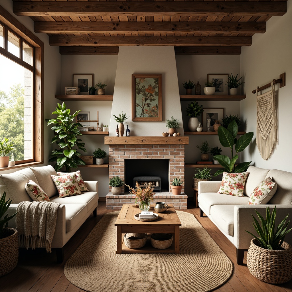 Prompt: Cozy farmhouse living room, vintage eclectic decor, plush throw blankets, distressed wooden furniture, woven wicker baskets, natural linen upholstery, earthy tone color palette, soft warm lighting, rustic metal accents, reclaimed wood beams, brick walls, lush greenery, potted plants, floral patterns, faded stripes, patchwork quilts, chunky knit throws, macrame wall hangings, woven jute rugs, creamy white ceramics, ornate antique fixtures, organic shapes, free-spirited composition, 1/1 aspect ratio, natural textures, ambient occlusion.