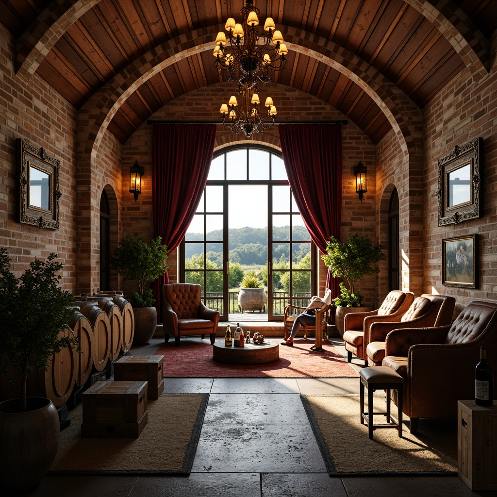 Prompt: Rustic winery, vintage barrels, wooden crates, dim warm lighting, stone walls, brick arches, ornate ironwork, luxurious velvet drapes, rich wood accents, grand chandeliers, distressed leather armchairs, classic wine bottles, antique furnishings, lavish textiles, earthy tones, natural stone floors, barrel-vaulted ceiling, dramatic staircases, scenic vineyard views, soft golden lighting, 1/1 composition, shallow depth of field, realistic reflections.