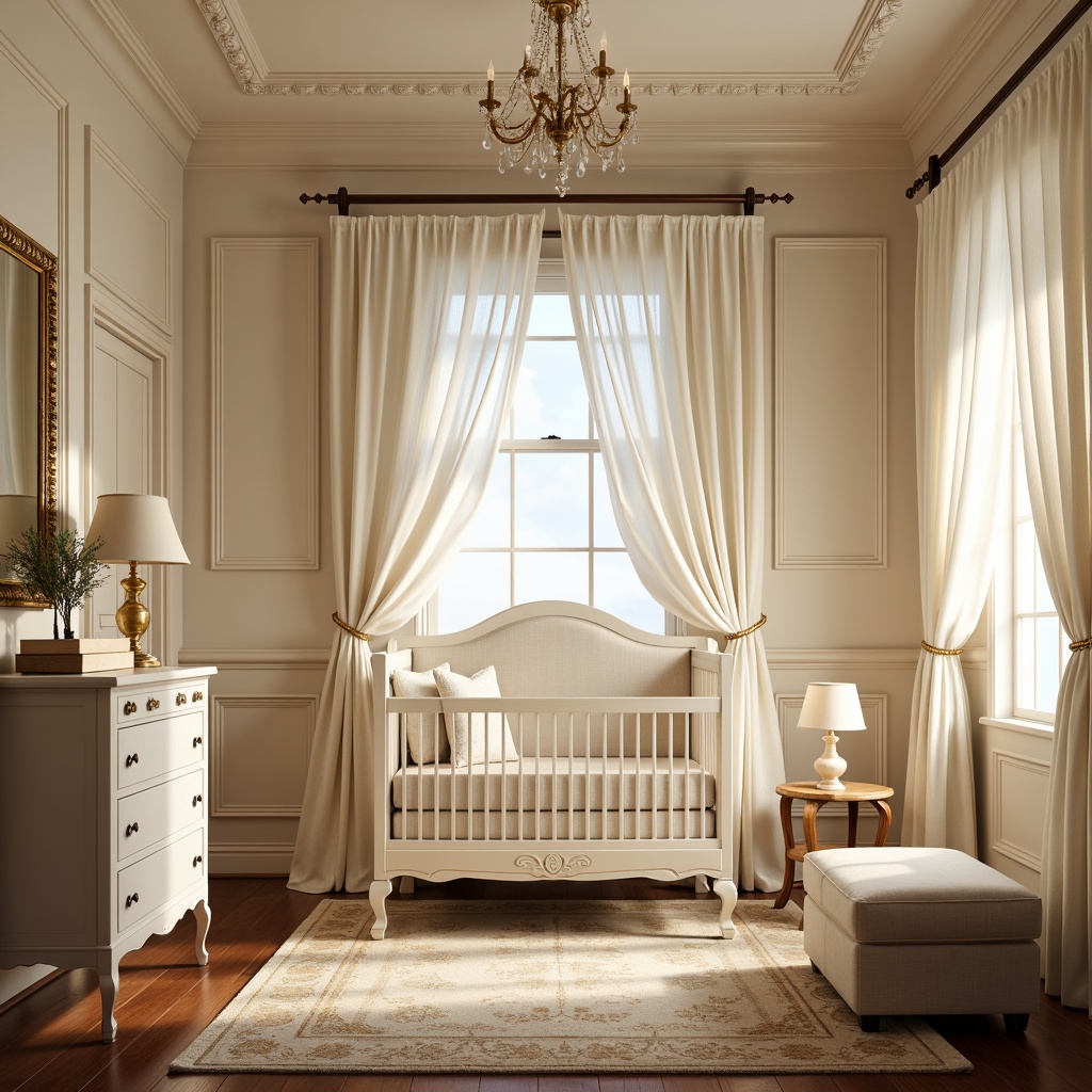 Prompt: Elegant baby crib, soft ivory curtains, warm golden chandelier, subtle cream walls, rich wood flooring, ornate furniture carvings, delicate lace drapery, gentle morning light, warm beige carpet, crystal table lamps, refined bronze fixtures, subtle shadowing, 1/1 composition, realistic textures, ambient occlusion.