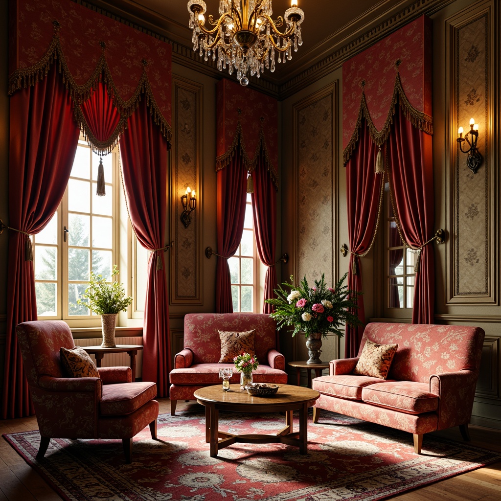 Prompt: Luxurious velvet drapes, intricately patterned brocade fabrics, richly embroidered silk upholstery, ornate carved wooden furniture, grand chandeliers, crystal prisms, opulent tassel details, lavish floral arrangements, warm golden lighting, soft focus photography, shallow depth of field, 1/2 composition, intimate atmosphere, realistic textures, ambient occlusion.