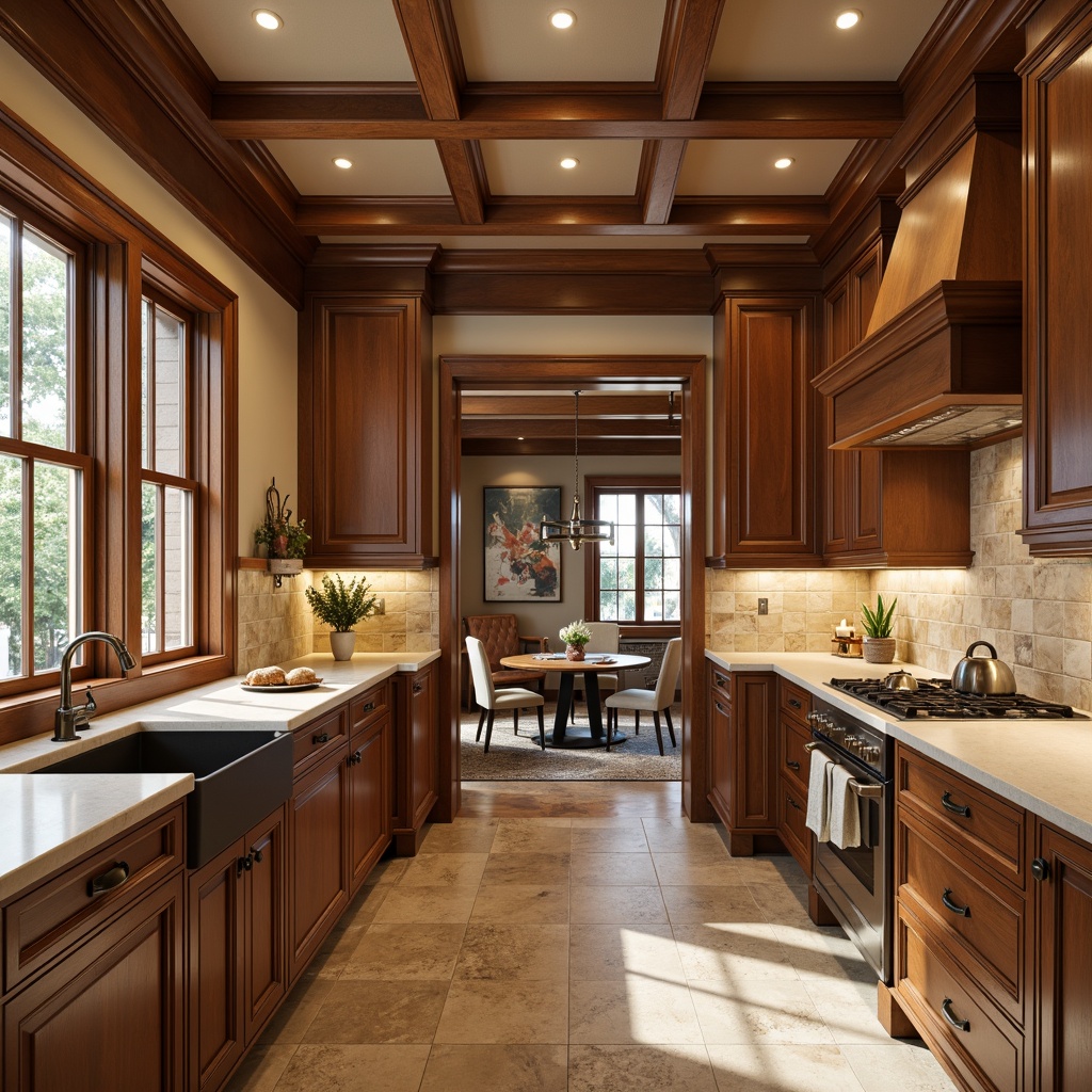 Prompt: Elegant kitchen, rich wood tones, ornate cabinetry, decorative moldings, soft cream countertops, antique bronze hardware, sophisticated lighting fixtures, classic Shaker-style cabinets, refined ceramic tiles, warm beige walls, traditional academic interior, comfortable dining area, cozy breakfast nook, natural stone flooring, earthy color palette, rustic wooden beams, soft warm lighting, 1/1 composition, realistic textures, ambient occlusion.