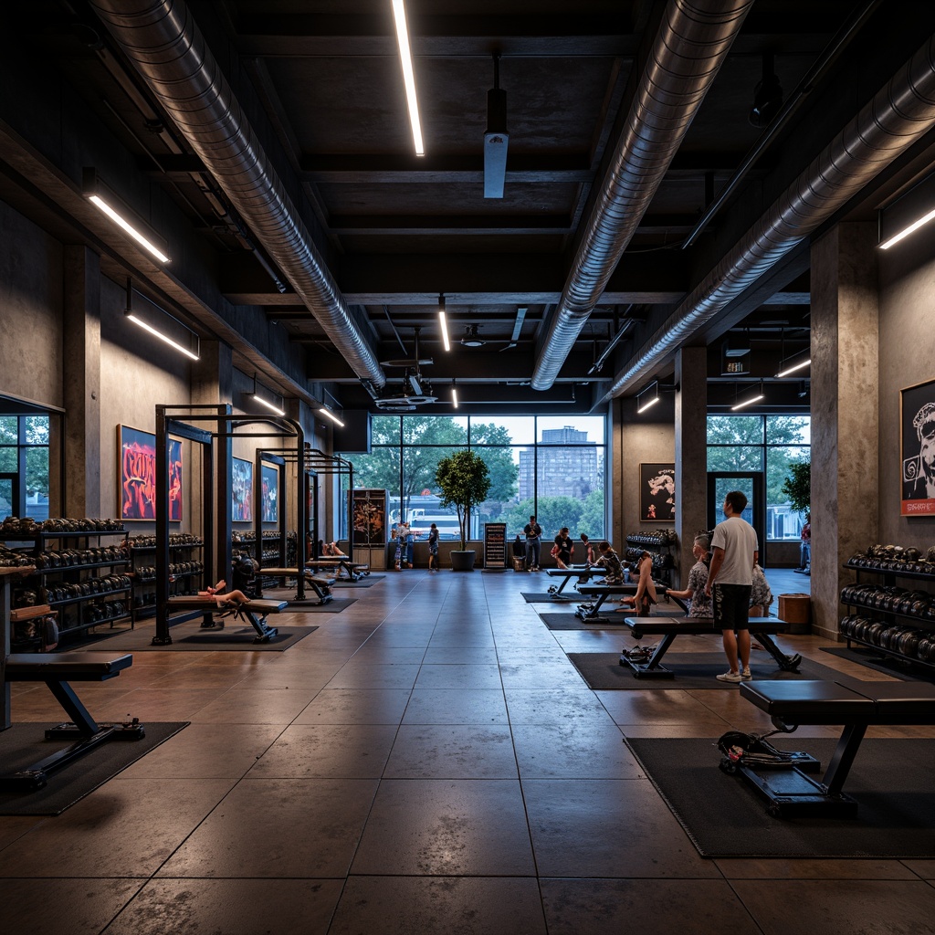 Prompt: Rugged fitness club interior, industrial-style lighting fixtures, exposed ductwork, concrete floors, steel beams, minimalist decor, brutalist architectural elements, high-ceilinged spaces, dramatic shadows, intense workout areas, heavy metal equipment, neon-lit signs, strobe lights, spotlights, aggressive color schemes, urban cityscape views, nighttime ambiance, moody atmospheric lighting, 1/1 composition, shallow depth of field, realistic textures, ambient occlusion.