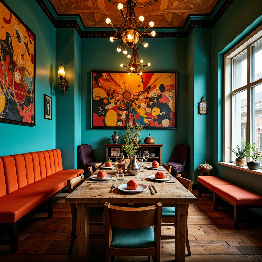 Prompt: Vibrant dining room, rich turquoise walls, bold orange accents, eclectic art pieces, distressed wooden furniture, luxurious velvet fabrics, ornate metal fixtures, warm golden lighting, abstract expressionist paintings, dynamic shapes, clashing patterns, avant-garde decor, cozy intimate atmosphere, low-angle dramatic shot, cinematic lighting, shallow depth of field, 1/2 composition, moody warm color tone.