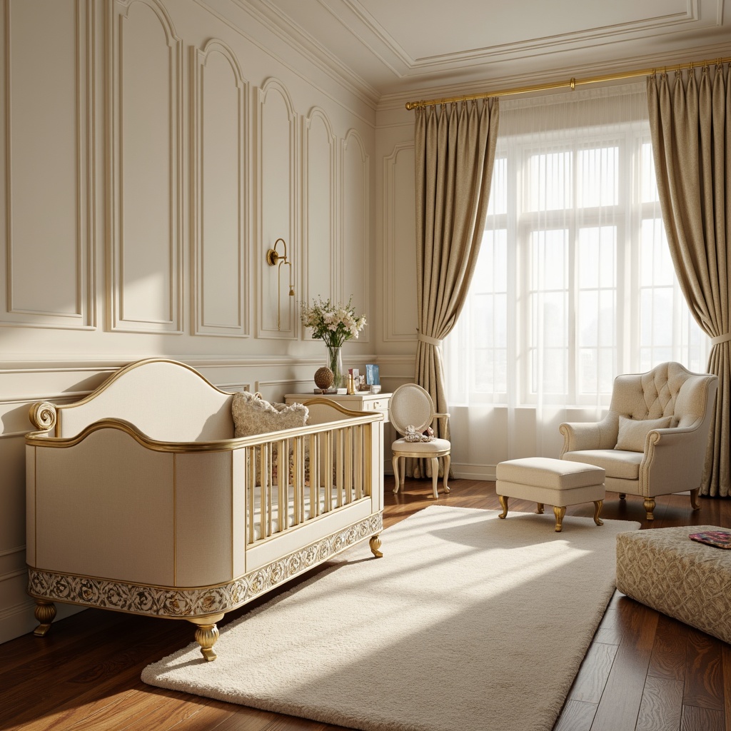 Prompt: Elegant baby room, soft cream walls, rich wooden flooring, ornate cribs, plush velvet fabrics, intricate lace trimmings, delicate floral patterns, subtle gold accents, refined neoclassical furniture, curved lines, luxurious drapes, warm beige tones, natural light pouring in, shallow depth of field, 1/1 composition, soft focus, calming atmosphere, peaceful ambiance.