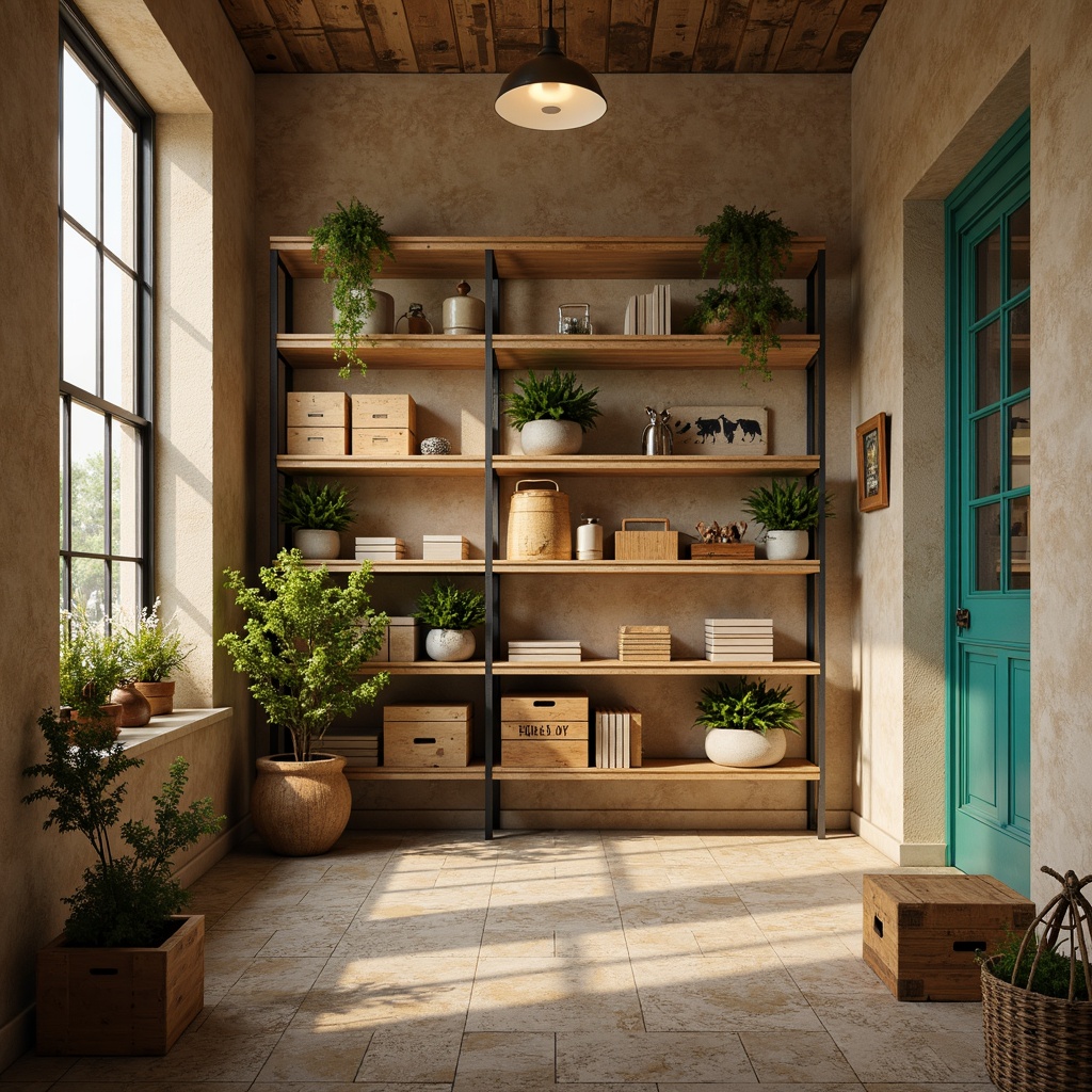 Prompt: Cozy storage room, warm beige walls, soft cream-colored shelves, rustic wooden crates, industrial metal racks, vibrant turquoise accents, natural stone flooring, dimmable overhead lighting, 1/1 composition, shallow depth of field, realistic textures, ambient occlusion.