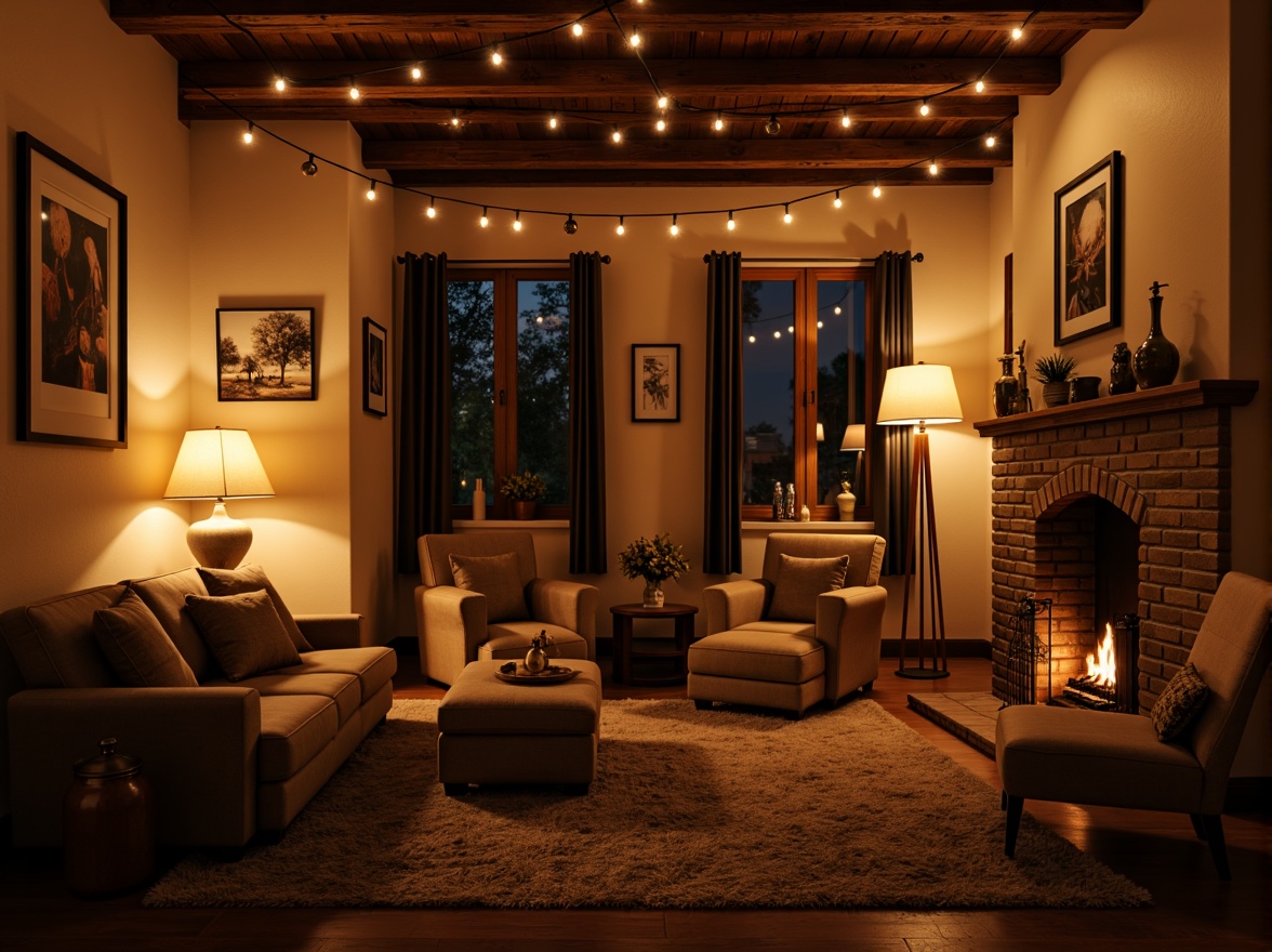 Prompt: Warm ambient lighting, soft glow, cozy nooks, plush furnishings, rich wood tones, textured fabrics, earthy color palette, table lamps, floor lamps, string lights, candles, fireplaces, warm beige walls, comfortable seating areas, intimate settings, relaxed mood, natural materials, organic textures, gentle shadows, subtle highlights, 1/1 composition, realistic rendering, atmospheric perspective.