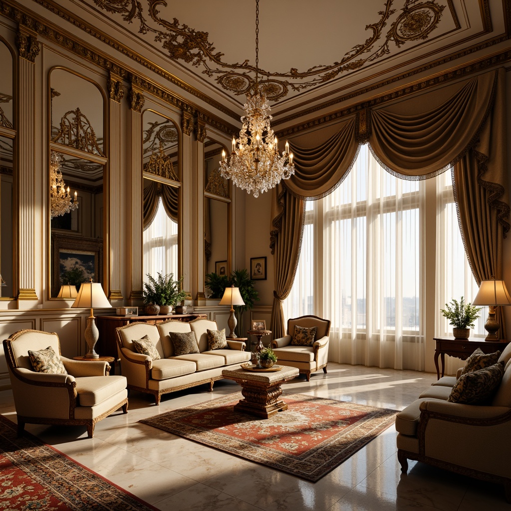 Prompt: Opulent Rococo-style interior, lavish furnishings, intricately carved wooden accents, ornate mirrors, crystal chandeliers, soft warm glow, golden lighting fixtures, delicate lace curtains, velvety drapes, richly patterned rugs, exquisite marble floors, stately columns, grandiose archways, dramatic ceiling murals, luxurious fabrics, sparkling crystals, warm beige tones, subtle shading, cinematic composition, shallow depth of field.