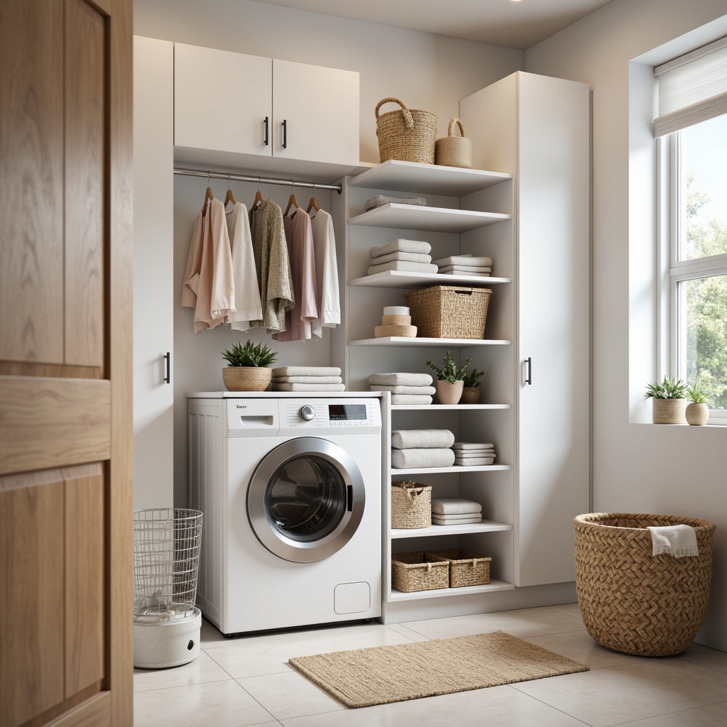 Prompt: Compact laundry room, minimalist decor, sleek storage cabinets, white shelves, folded clothing racks, hanging organizers, woven baskets, natural wood accents, soft pastel colors, warm lighting, shallow depth of field, 1/1 composition, realistic textures, ambient occlusion.