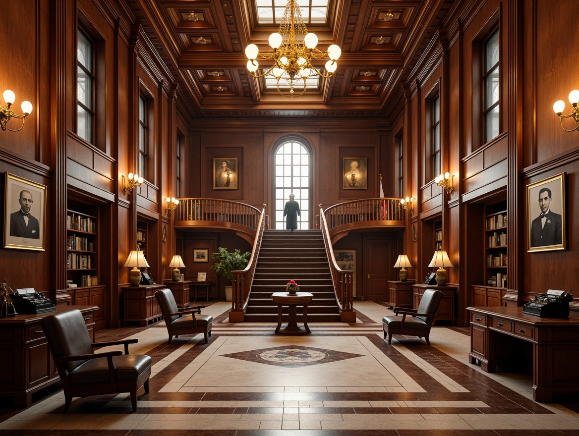 Prompt: Elegant courthouse interior, rich wood paneling, ornate chandeliers, comfortable leather armchairs, polished marble floors, grand staircase, intricate moldings, stately columns, classic law books, vintage typewriters, historic photographs, soft warm lighting, subtle shading, 1/1 composition, realistic textures, ambient occlusion.