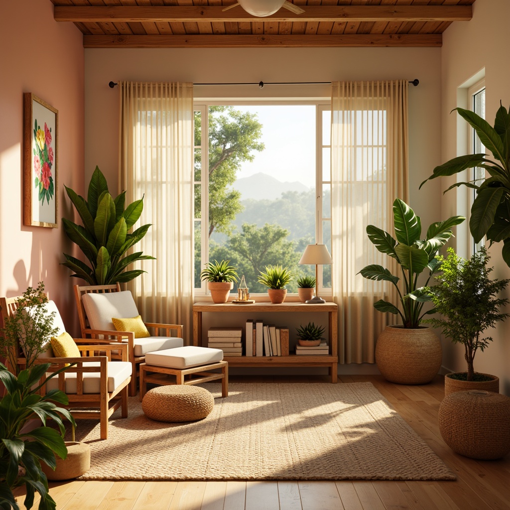 Prompt: Warm tropical nursery, soft golden lighting, pastel-colored walls, natural wood accents, woven rattan furniture, lush greenery, potted palms, colorful floral arrangements, warm beige curtains, sheer white drapes, delicate string lights, tabletop lanterns, cozy reading nook, plush area rug, sunny afternoon, gentle warm breeze, shallow depth of field, 1/2 composition, soft focus, natural textures, ambient occlusion.