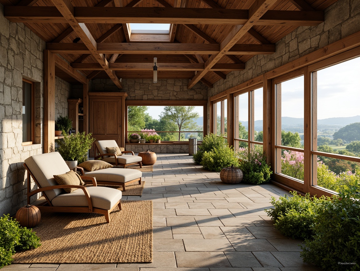 Prompt: Rustic farmhouse interior, exposed wooden beams, natural stone walls, earthy tone color palette, vintage furniture, distressed wood accents, large windows, sliding glass doors, clerestory windows, skylights, soft warm lighting, shallow depth of field, 3/4 composition, panoramic view, realistic textures, ambient occlusion, lush greenery, blooming flowers, sunny day, rolling hills, countryside views.