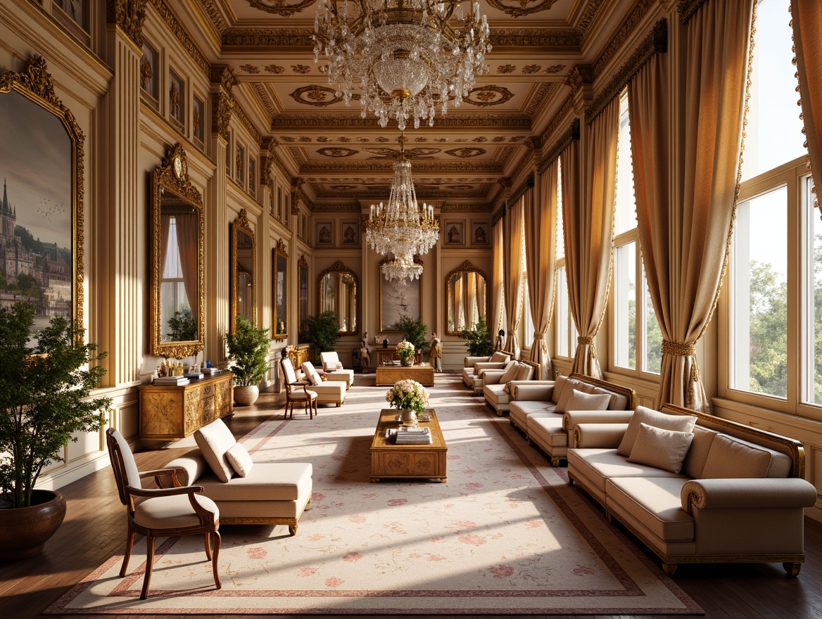 Prompt: Opulent Rococo palace, intricately carved wooden furniture, gilded accents, plush velvet fabrics, ornate mirrors, crystal chandeliers, curved lines, scalloped edges, delicate floral patterns, soft pastel colors, lavish drapery, tassel trim, marble floors, grandiose proportions, romantic ambiance, warm golden lighting, shallow depth of field, 1/1 composition, realistic textures, ambient occlusion.