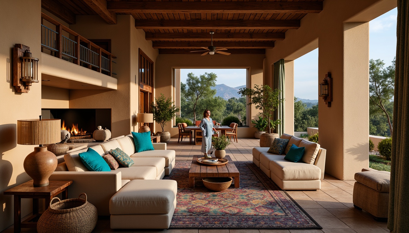 Prompt: Warm and inviting Southwestern-style family room, rustic wooden accents, earthy tones, vibrant turquoise hues, plush textiles, woven baskets, natural stone fireplace, ambient warm lighting, table lamps with terracotta shades, floor lamps with woven rattan details, dimmable LED lights, cozy reading nooks, comfortable sectional sofas, colorful kilim pillows, Southwestern-inspired patterns, soft warm glow, shallow depth of field, 1/1 composition, realistic textures, atmospheric mist.