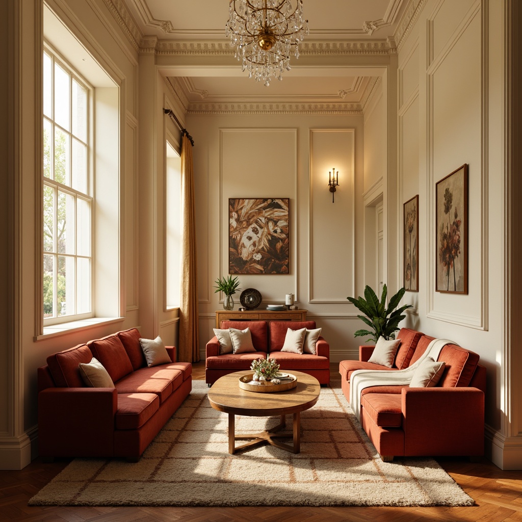 Prompt: Rich velvet furnishings, soft golden lighting, warm beige walls, creamy white accents, natural wood tones, earthy terracotta floors, plush area rugs, subtle patterned textiles, elegant crystal chandeliers, sophisticated metallic hardware, calming atmosphere, serene ambiance, 1/1 composition, shallow depth of field, realistic textures, ambient occlusion.