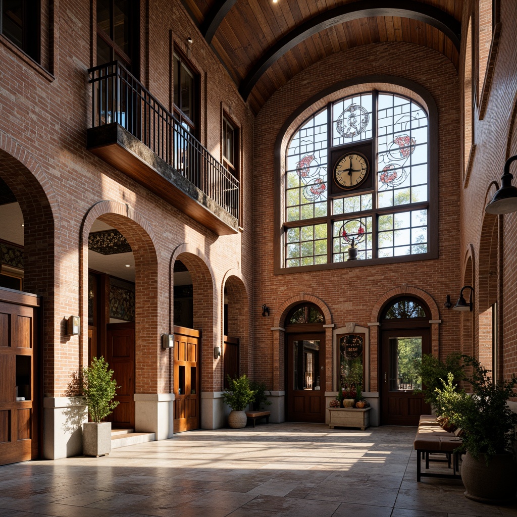 Prompt: Rustic courthouse fa\u00e7ade, distressed brick walls, ornate clock tower, grand entrance archways, wooden accents, vintage lanterns, stained glass windows, rich wood paneling, polished marble floors, intricate stonework, eclectic architectural styles, mix of modern and historical elements, vibrant color scheme, bold patterns, natural light pouring in, dramatic shadows, high contrast, 1/2 composition, atmospheric perspective, detailed textures.